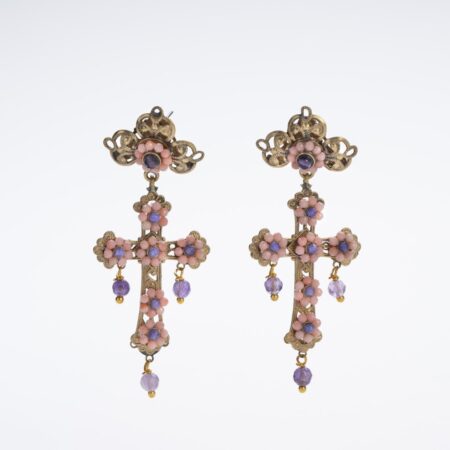 Orecchini Croce Barocca Ametista & Corallo Rosa